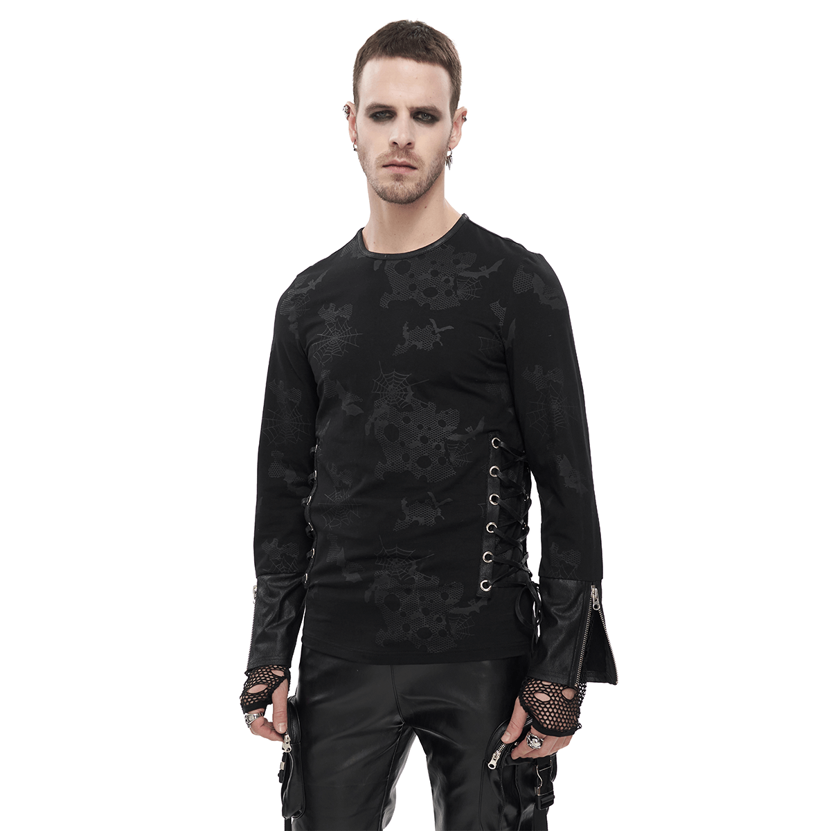 Men's black spider web printed sweatshirt with lace-up sides and trendy gothic style.