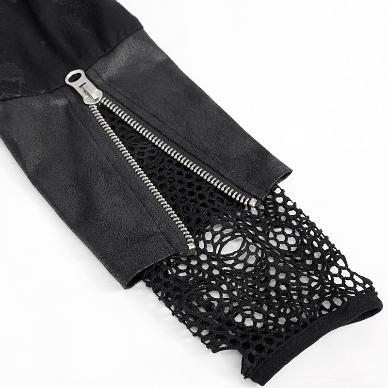 Torn Spider Web Printed Men's Sweatshirt / Black Top With Cuff Zipper And Gloves of Ripped Net