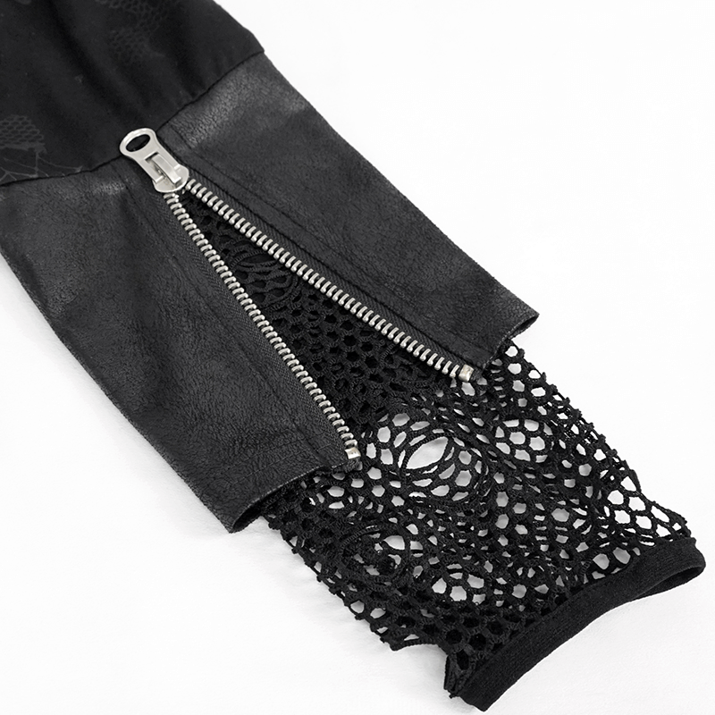 Close-up of black sweatshirt sleeve with cuff zipper and ripped net detailing for a gothic style.