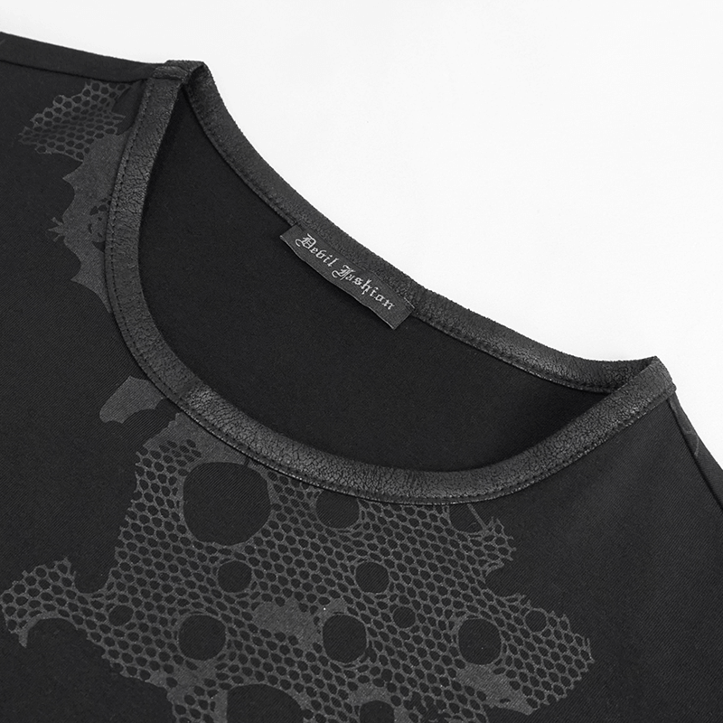 Close-up of black spider web printed men's sweatshirt showcasing stylish neckline and logo.