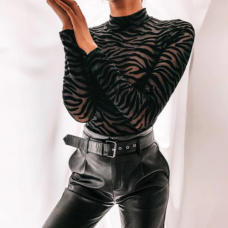 Transparent Sexy Bodysuit Long Sleeve / Women's Black Slim Bodysuit with Stripes - HARD'N'HEAVY