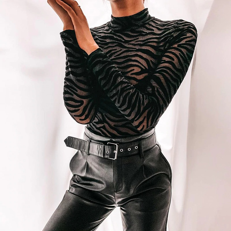 Transparent long sleeve bodysuit with tiger stripes, perfect for a trendy party outfit paired with sleek black pants.