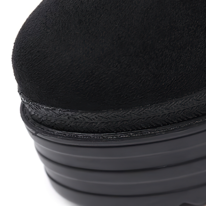 Close-up of trendy black ankle boots with high platform, showcasing sleek texture and stylish design for autumn fashion.