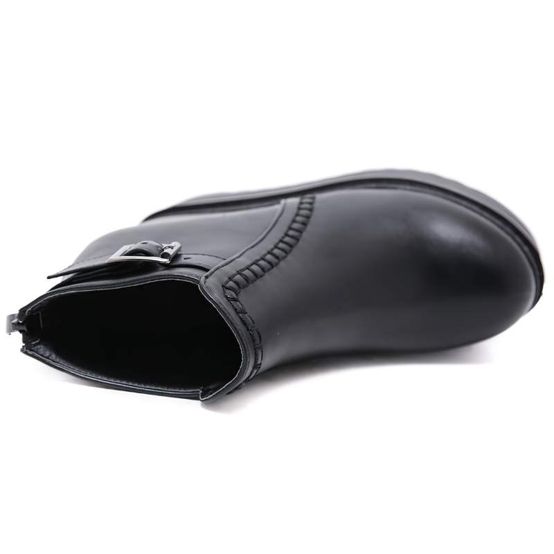 Top view of trendy autumn black boots on a high platform with zipper and ankle buckle, perfect for casual wear.
