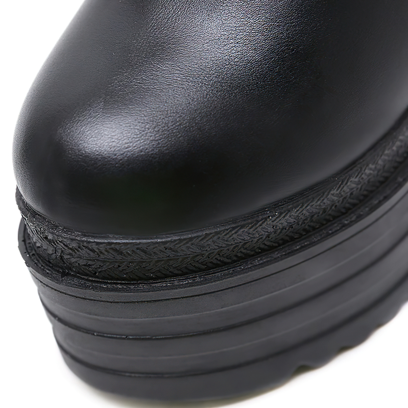 Close-up of trendy black autumn boots with a high platform and textured sole, perfect for women's casual footwear.