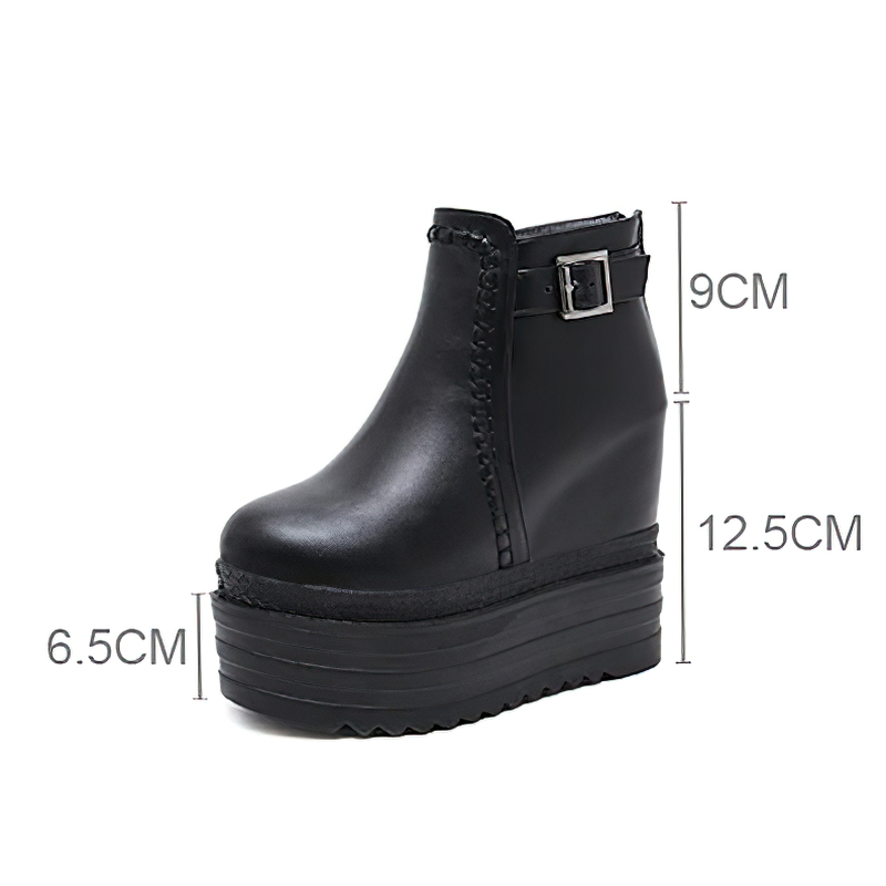 Trendy black high platform boots with zipper and ankle buckle, perfect casual footwear for autumn.