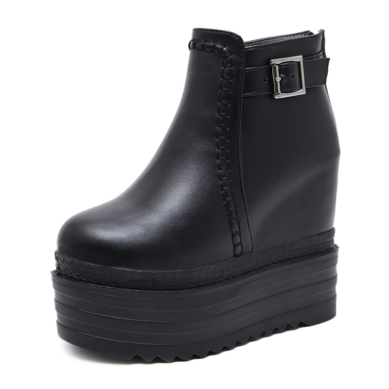 Trendy black high platform boots with ankle buckle, perfect casual women's shoes for autumn style.