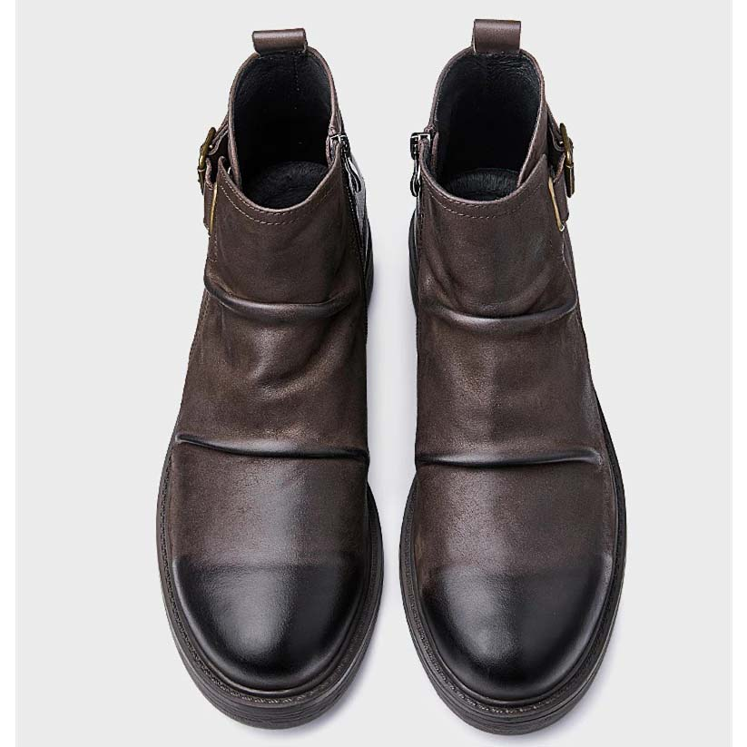 Trendy Buckle Chelsea Boots / Men's Genuine Leather Wrinkle Boots / Male Casual Shoes - HARD'N'HEAVY
