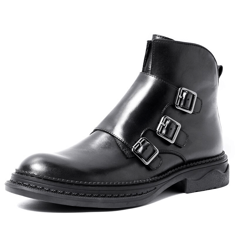Trendy Buckles Decorated Male Ankle Boots / Casual Round Toe Leather Motorcycle Shoes