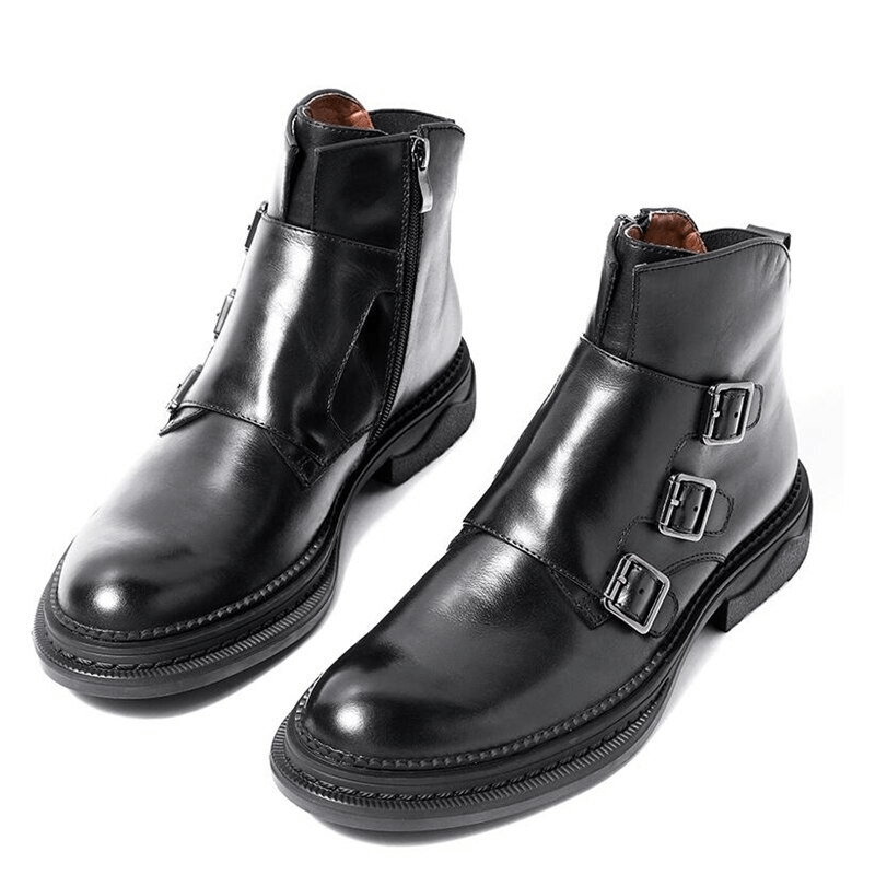 Trendy Buckles Decorated Male Ankle Boots / Casual Round Toe Leather Motorcycle Shoes