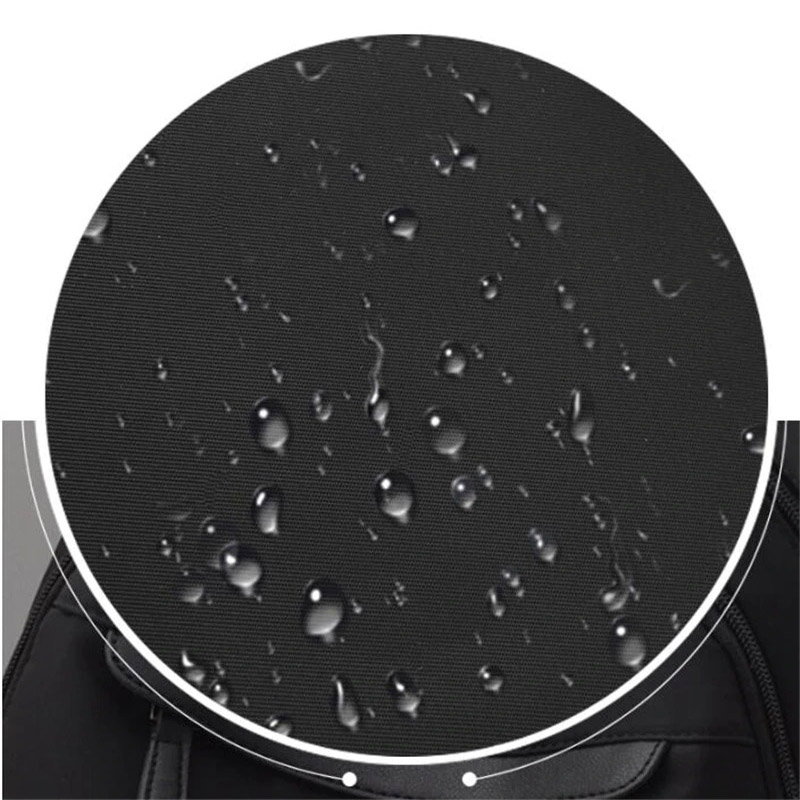 Close-up of water-resistant fabric of a trendy women's backpack, showcasing droplets on the oxford cloth material.