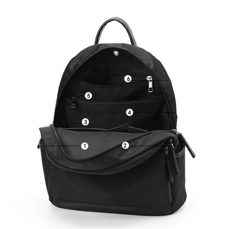Interior view of a stylish black women's backpack showing multiple pockets for organization and storage.