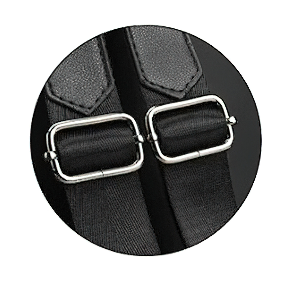 Close-up of sturdy metal clips on black straps for a trendy women's casual backpack.