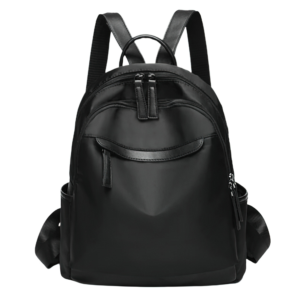 Chic black Oxford cloth backpack for women, designed with multiple pockets and casual style for everyday use.