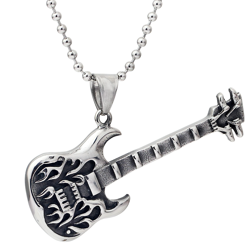 Trendy punk style electric guitar pendant necklace with free chain, perfect for music lovers and festival wear.