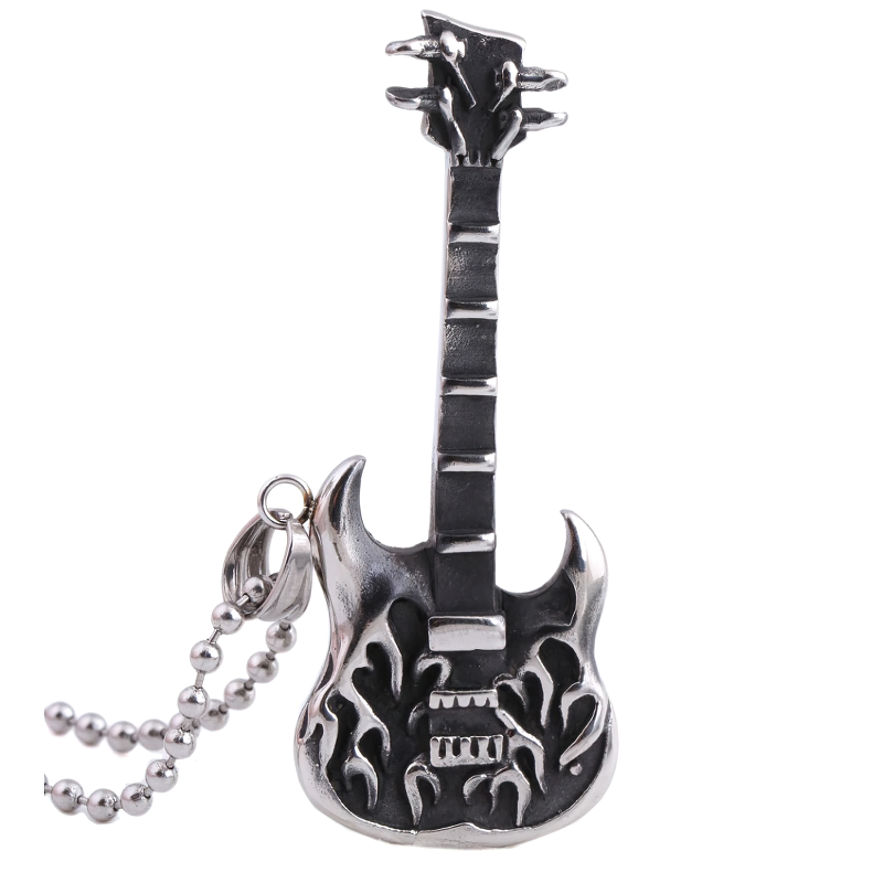 Trendy electric guitar pendant necklace showcasing punk style, perfect for music lovers and festival goers.