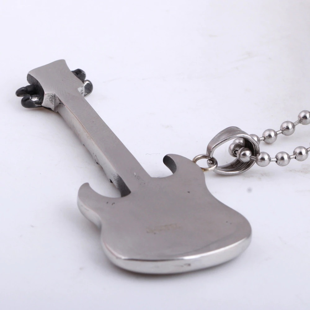 Trendy silver guitar necklace pendant with free chain, perfect for punk style and music lovers.
