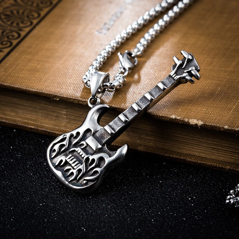 Trendy electric guitar necklace pendant with free chain, perfect for punk style lovers and music enthusiasts.