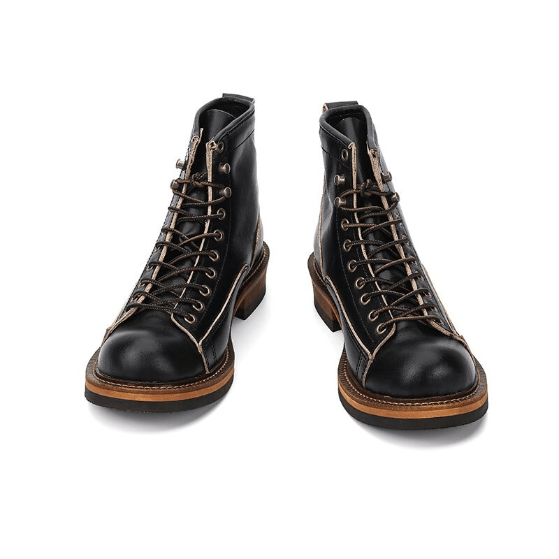 Trendy Leather Work Boots / Men's Lace-up Military Combat Boots with Nonslip Rubber