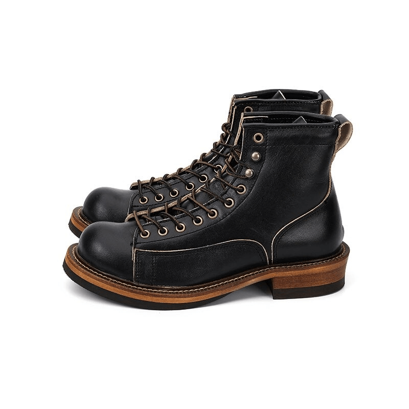 Trendy Leather Work Boots / Men's Lace-up Military Combat Boots with Nonslip Rubber