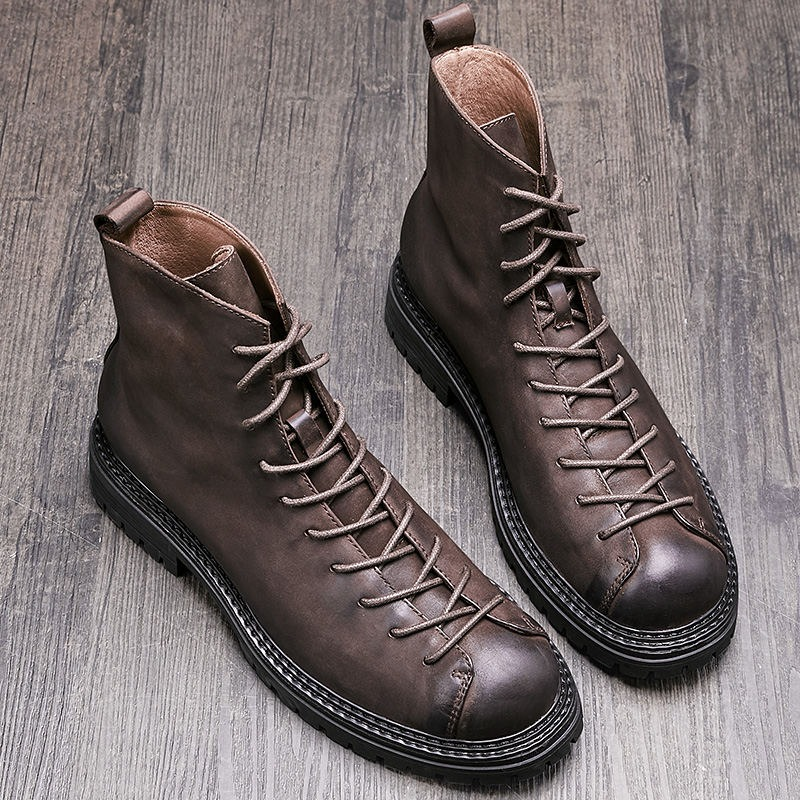 Trendy Men's Genuine Leather Ankle Boots / Retro Male Comfortable Lace Up Shoes - HARD'N'HEAVY