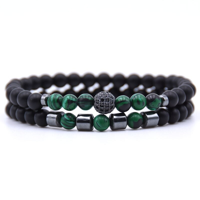 Trendy natural stone beads bracelet set featuring black and green beads, casual aesthetic jewelry for men and women.