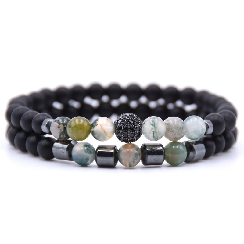 Trendy 2pcs natural stone beads bracelet set for casual aesthetic, featuring unique colors and styles for men and women.