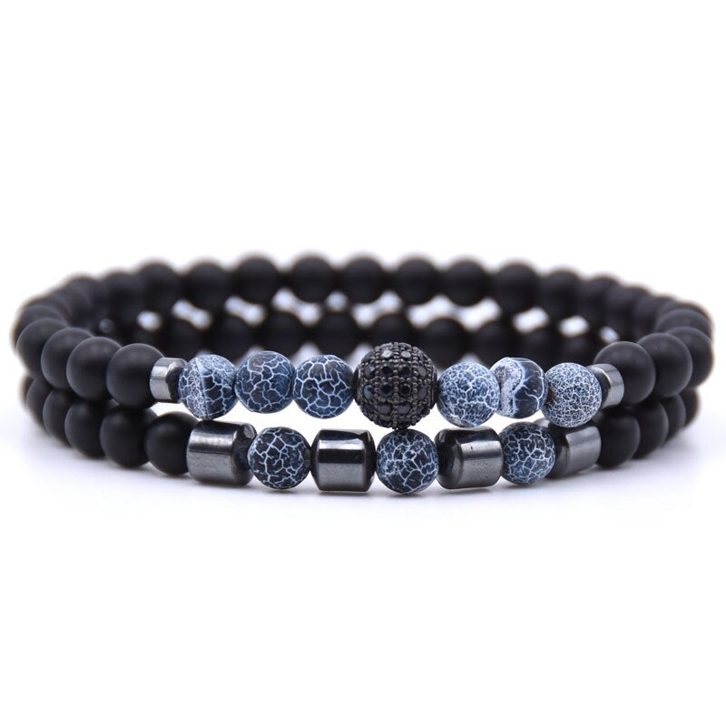 Trendy natural stone beads bracelet set with black and blue beads, perfect casual aesthetic jewelry for men and women.