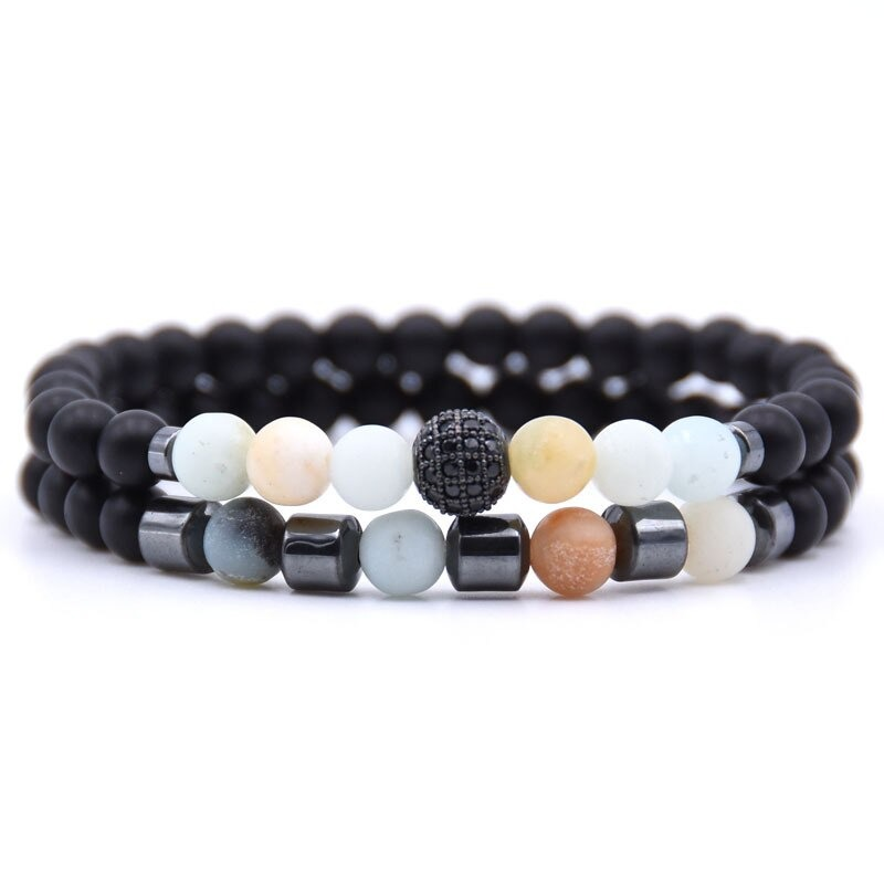 Trendy natural stone beads bracelet set for men and women, featuring black and colorful beads in a casual aesthetic design.