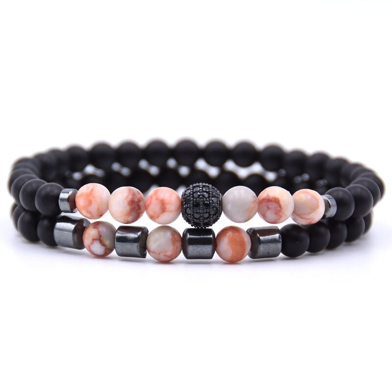 Trendy natural stone beads bracelet set featuring unique colored beads, black matte accents, casual aesthetic jewelry for all.