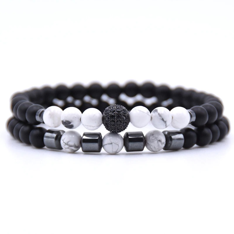 Trendy natural stone beads bracelet set for men and women, featuring unique black and white design, casual aesthetic jewelry.