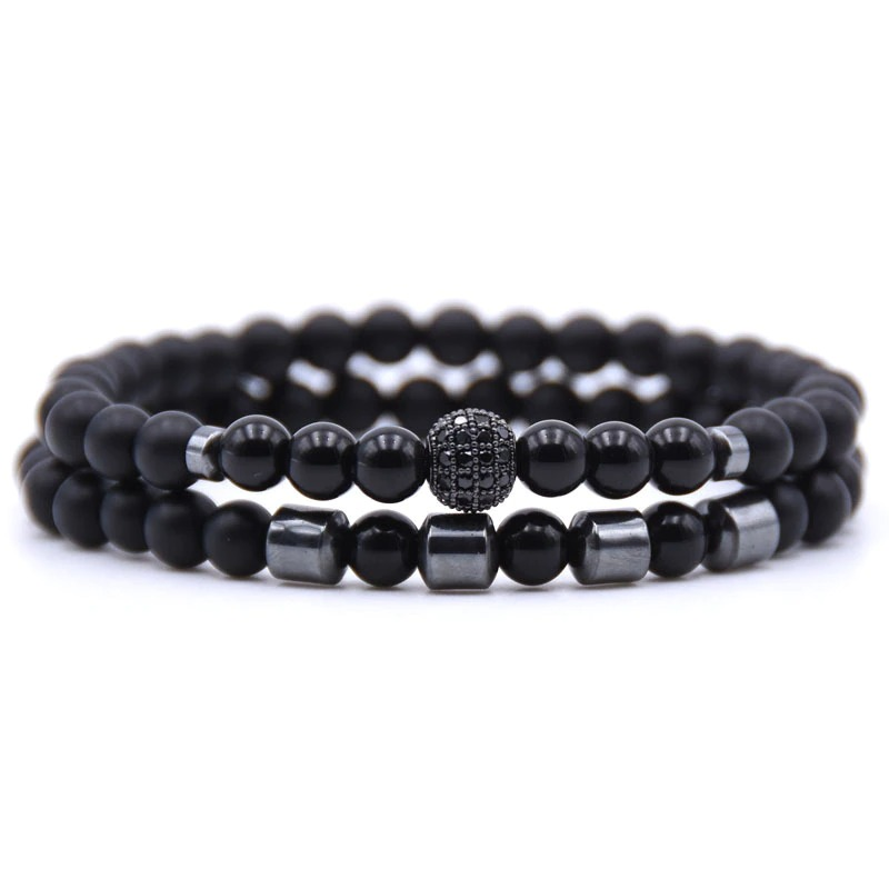 Elegant black natural stone beads bracelets set for men and women, featuring unique bead textures and stylish designs.