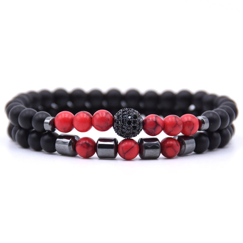 Trendy pair of natural stone beads bracelets in black and red for casual aesthetic jewelry.