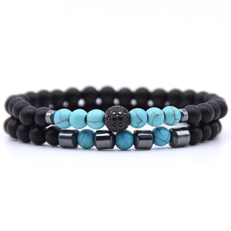 Trendy natural stone beads bracelet set with black and turquoise beads for casual aesthetic jewelry.