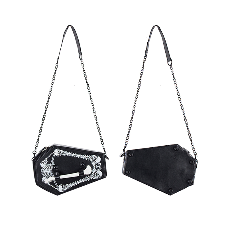 Trendy sexy PU leather coffin bag with skeleton design, perfect for gothic style lovers and unique outfits.