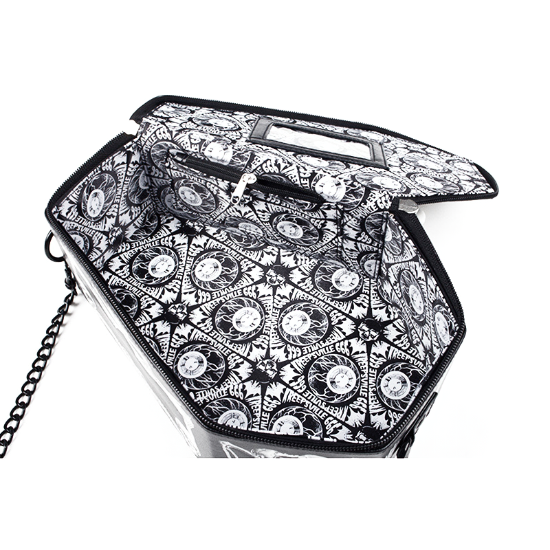 Inside view of a trendy PU leather chain bag with a unique skeleton print lining, perfect for gothic style lovers.