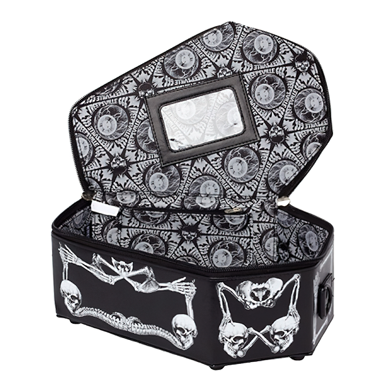 Trendy Gothic PU Leather Chain Bag with skeleton print interior, perfect for a spooky fashion statement.