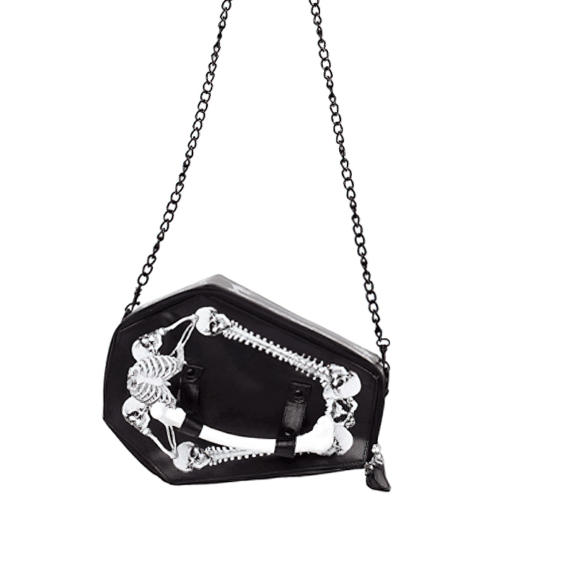 Trendy sexy PU leather chain bag for women, gothic style coffin design with skeleton print.