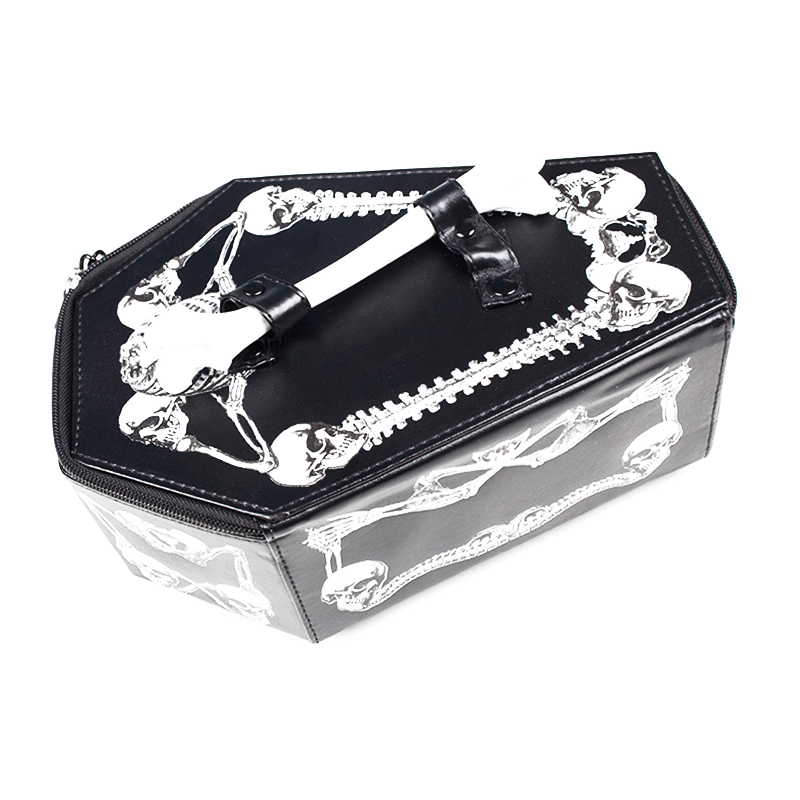Trendy gothic PU leather chain bag featuring skeleton print, coffin-shaped design, perfect for a cool, creepy look.