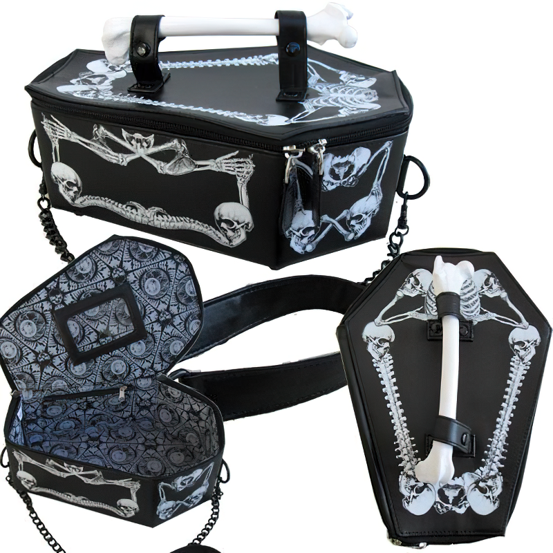 Trendy sexy PU leather chain bag for women, gothic coffin design, skeleton print, cool crossbody bag.