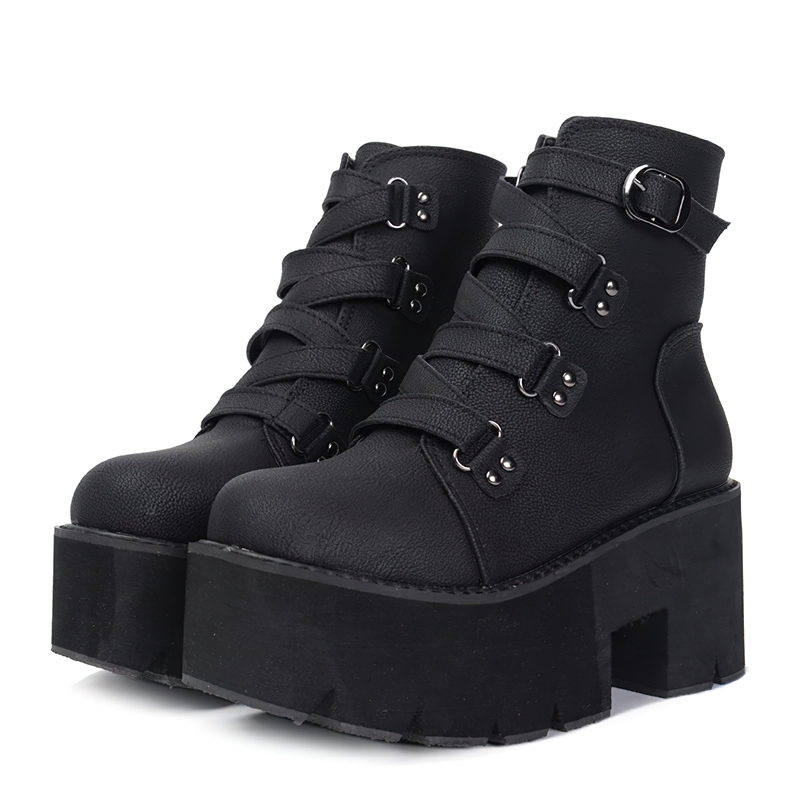 Trendy Women's Ankle Boots on Platform / Comfortable Black Leather Shoes with Buckle - HARD'N'HEAVY