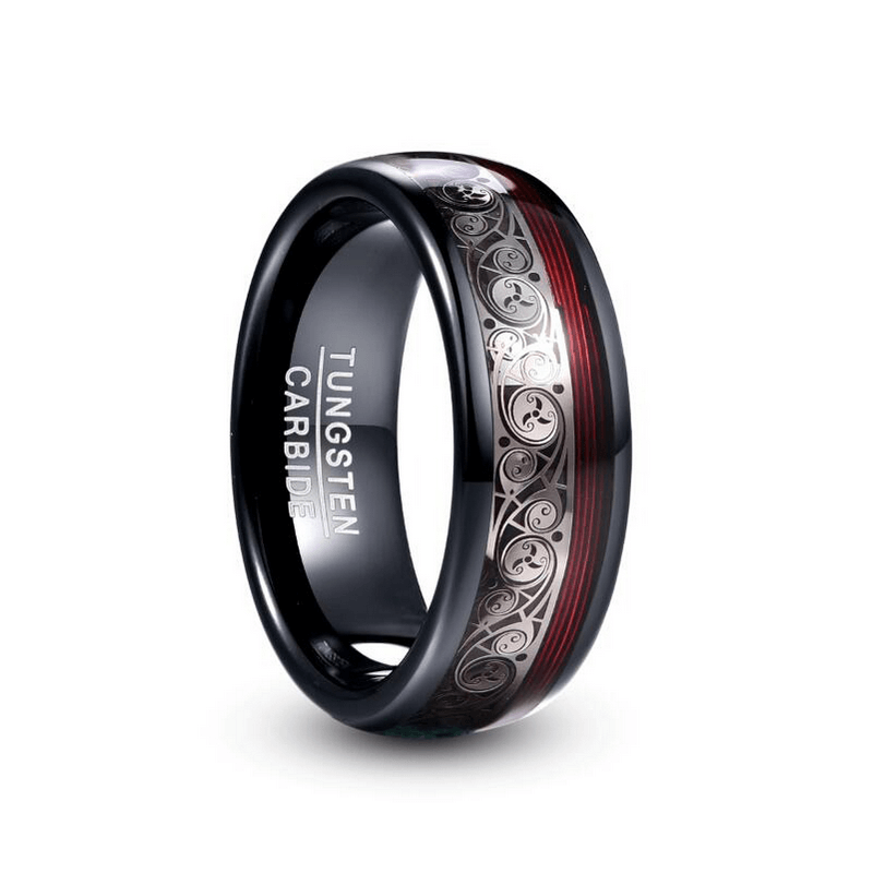 Stylish tungsten steel black ring with ethnic pattern in retro style, perfect unisex jewelry for men and women.