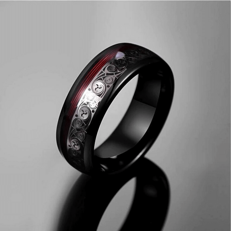 Stylish tungsten steel black inlaid ring with ethnic pattern, perfect unisex retro jewelry for men and women.