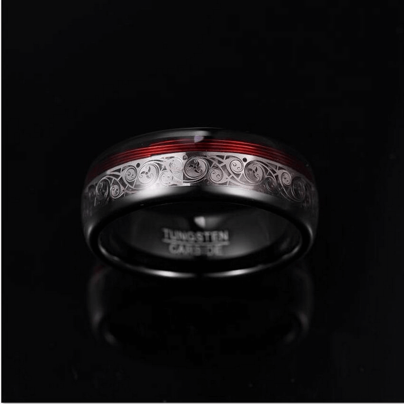 Unisex Tungsten Steel black ring with ethnic pattern and red inlay, showcasing retro style jewelry for men and women.