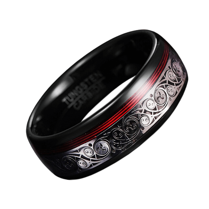 Unisex tungsten steel black inlaid ring featuring a retro ethnic pattern and red accents, stylish cool jewelry for everyone.