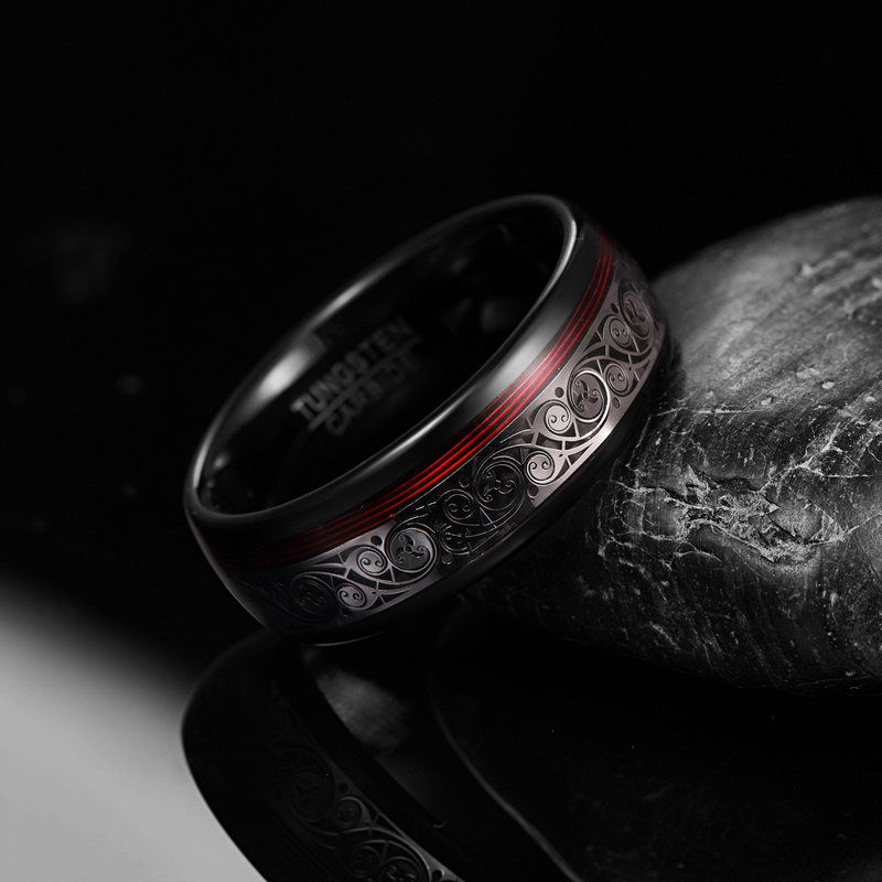 Stylish unisex tungsten steel black ring with ethnic pattern on stone surface, retro design for cool jewelry lovers.