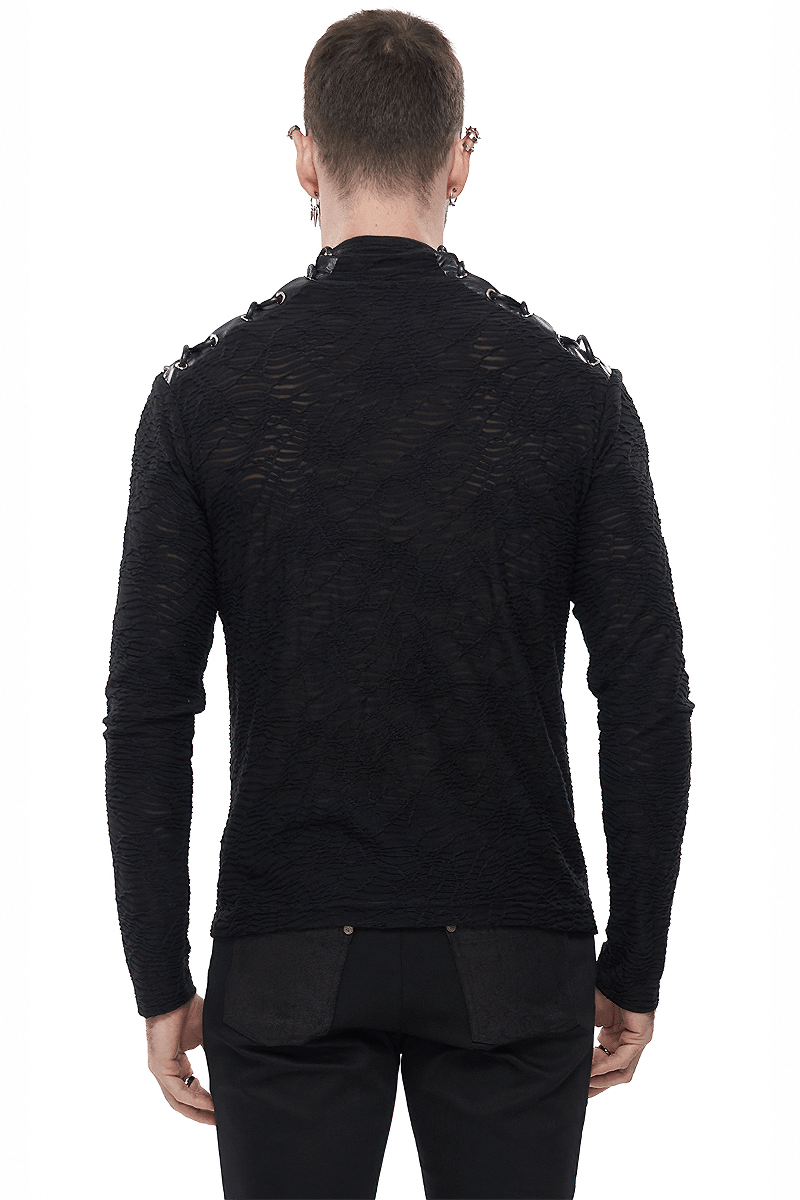 Back view of a men's black turtleneck sweatshirt with lacing on shoulders, showcasing a trendy punk style.