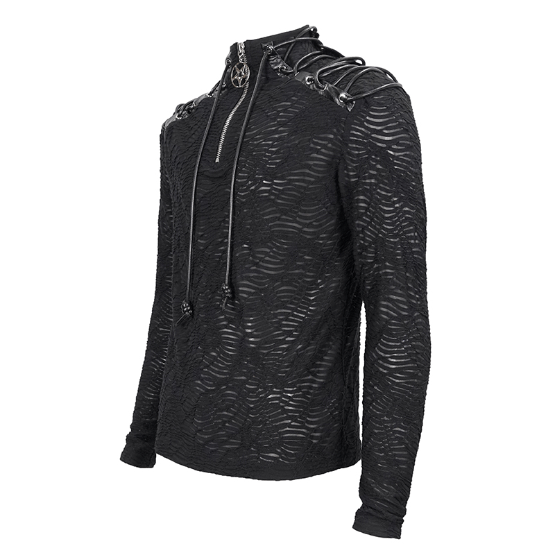 Men's black turtleneck sweatshirt with lacing on shoulders in trendy punk style.