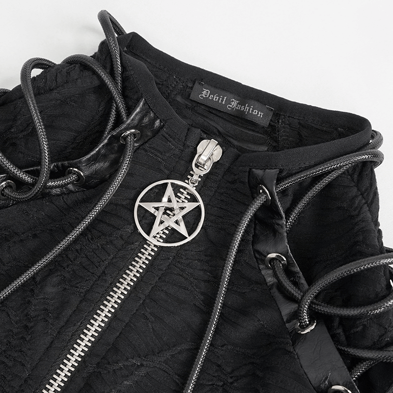 Close-up of black men's turtleneck sweatshirt with shoulder lacing and hexagram pendant from Devil Fashion.