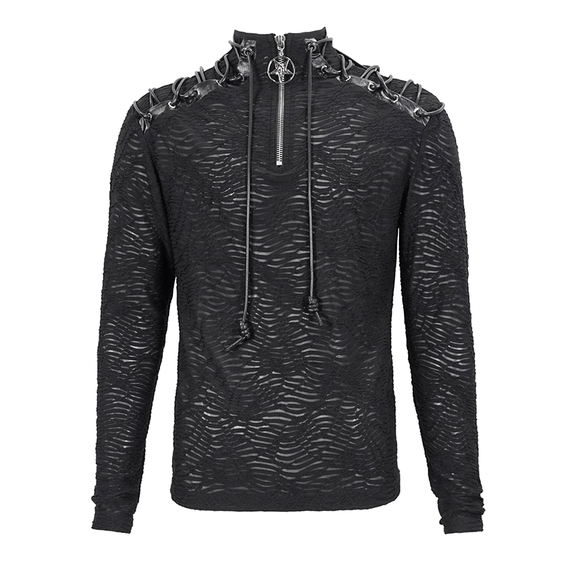 Men's black turtleneck sweatshirt with shoulder lacing and hexagram pendant, trendy punk style for a bold look.